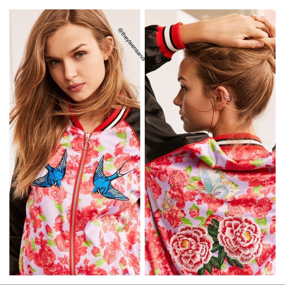 Urban Outfitters Silky Embroidered Bomber Jacket